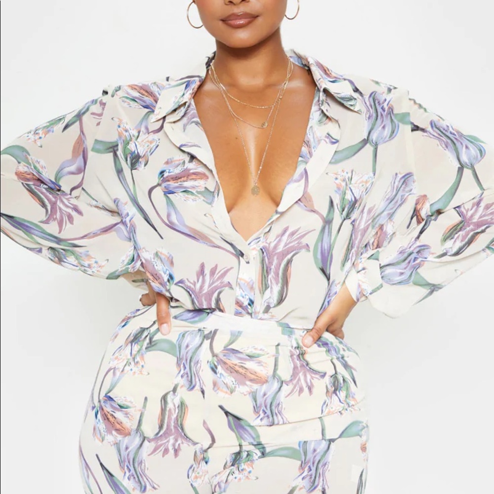 Plus Dusty Pink Satin Floral Oversized Shirt